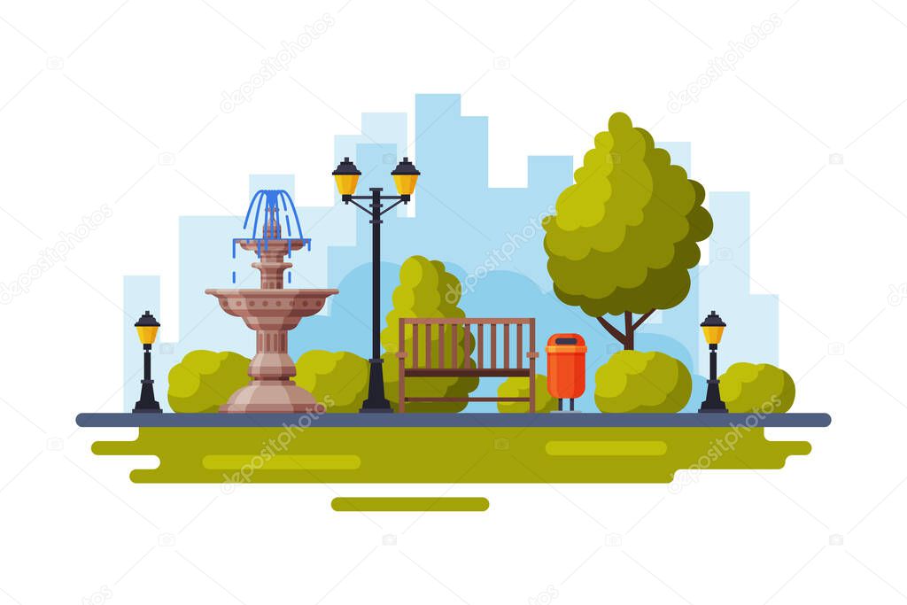 City Public Park with Marble Fountain, Streetlights, Wooden Bench Flat Style Vector Illustration on White Background