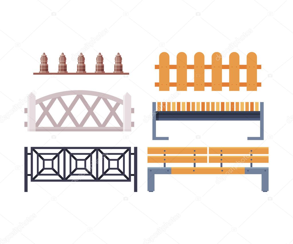 Decorative Fences Collection, Wooden, Wrought Iron and Stone Fence, Urban Infrastructure Design Element, Flat Style Vector Illustration on White Background