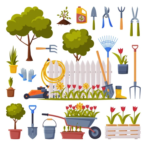 Spring Garden Collection, Agriculture Work Equipment, Farming Tools, Seedlings and Plants Flat Style Vector Illustration on White Background — Stock Vector