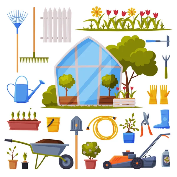 Garden Collection, Agriculture Work Equipment, Greenhouse, Farming Tools, Seedlings and Plants Flat Style Vector Illustration — Stock Vector