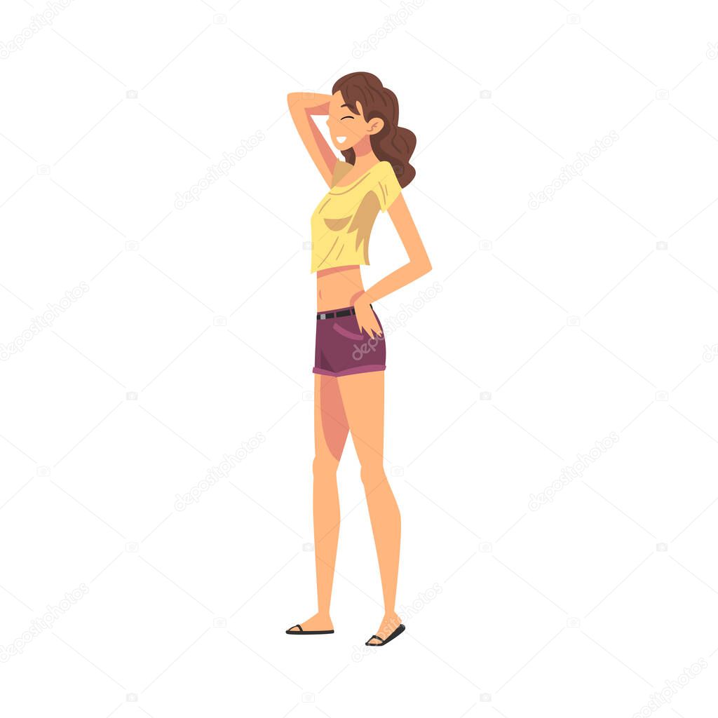 Relaxed Young Woman, Happy Female Character Wearing Tank Top and Shorts Enjoying Her Leisure Vacation, Summer Holidays and Traveling Cartoon Vector Illustration