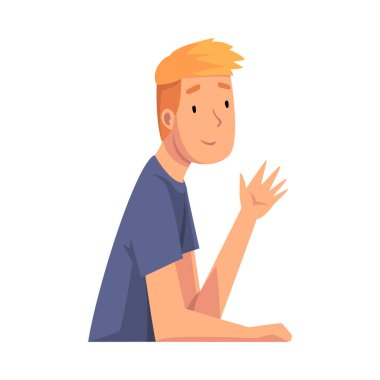 Genç adam bize bakıyor ve elini sallıyor. Çizgi film Vektör İllüzyonu