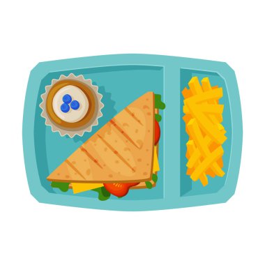 Sandviç, patates kızartması ve kekle dolu yemek tepsisi, çocuklar ve öğrenciler için sağlıklı yiyecekler, Düz Vektör İllüzyonundan manzara