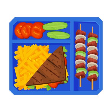 Sandviç, patates kızartması, barbekü ve sebzelerle dolu yemek tepsisi, Çocuklar ve öğrenciler için yiyecek, Üst Düzey Vektör Çiziminden Görüntü