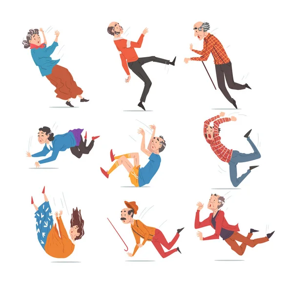 Ηλικιωμένοι που πέφτουν κάτω Σετ, Συνταξιούχοι άνδρες και γυναίκες, Ατύχημα, πόνος και τραυματισμοί Cartoon Style Εικονογράφηση διάνυσμα — Διανυσματικό Αρχείο