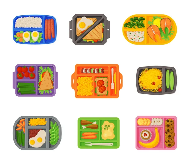 Bandejas de comida llenas de recolección de alimentos, Almuerzo saludable para niños y estudiantes, Vista desde arriba Ilustración de vectores planos — Vector de stock