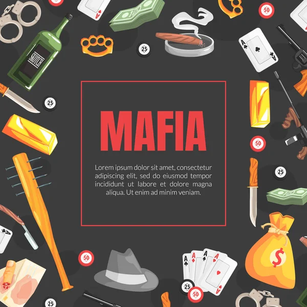 Mafia Banner Vorlage mit Platz für Text und Gangster Vintage Objekte, Einladungskarte, Poster, Banner, Hintergrundvektorillustration — Stockvektor