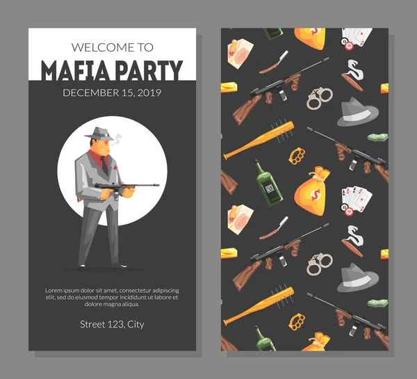 Plantilla de tarjeta de fiesta de la mafia con patrón de objetos de gángsteres, invitación, pancarta, póster, ilustración del vector del volante — Vector de stock