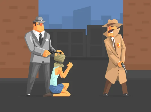 Miembro de la mafia amenazando a rehenes, mafiosos y personajes de detectives vestidos con ropa retro Vector Illustration — Vector de stock