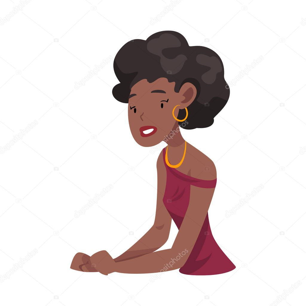 Beautiful African American Girl Sitting and Looking at Us Cartoon Vector Illustration