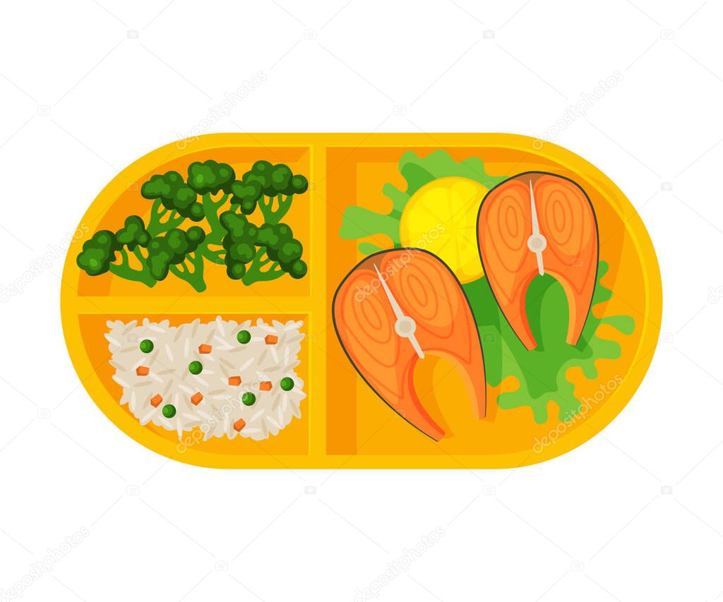 Meal Tray Filled with Salmon Fish, Broccoli and Rice, Healthy Food For Kids And Students, View from Above Flat Vector Illustration