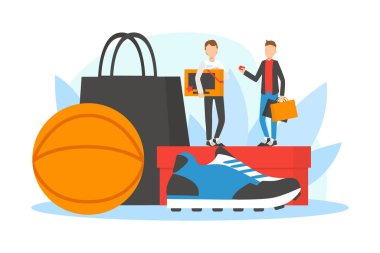 Mevsimlik Satış, Büyük Alışveriş Çantaları ve Spor Aksesuarları Vektör İllüstrasyonlu Alışveriş Adamları