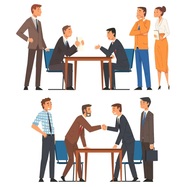 Conjunto de Negociações Empresariais, Parceiros de Negócios sentados à mesa e discutindo a estratégia de trabalho, trocando informações Cartoon Vector Illustration —  Vetores de Stock