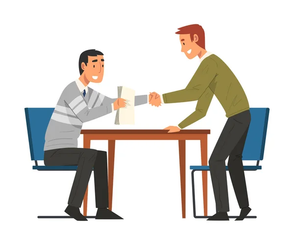 Negoziati di successo, Businesmen Shaking Hands Making Business Deal, Productive Partnership Cartoon Vector Illustration — Vettoriale Stock