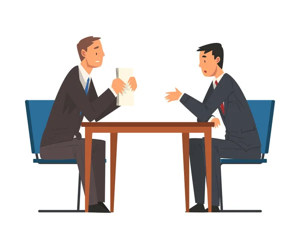 Business Negotiations, Businessmen Meeting, Exchanging Information, Solving Problems, Productive Partnership Cartoon Vector Illustration