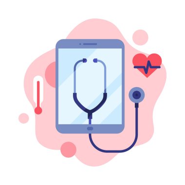 Çevrimiçi Tıbbi Danışmanlık ile Çağdaş Servis, Uzaktan Tıbbi Yardım Düz Stil Vektör Görüntüleme Beyaz Arkaplan