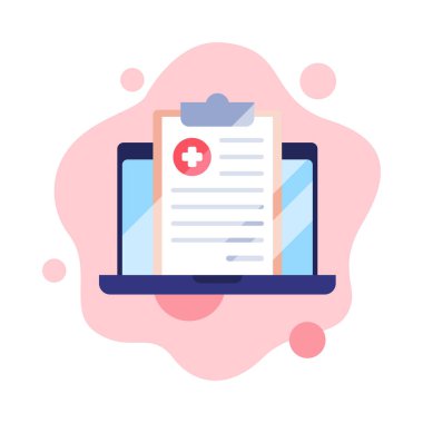 Çevrimiçi Tıbbi Danışmanlık, Teletıp Servisi, Tıbbi Rapor veya Dizüstü Bilgisayar Düz Stil Vektör Resimleri