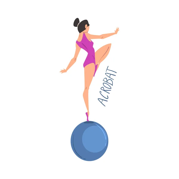 Chica Acrobat gimnasta equilibrio de pie en una pierna en Fitball, Hobby creativo o profesión estilo de dibujos animados Vector Ilustración — Archivo Imágenes Vectoriales