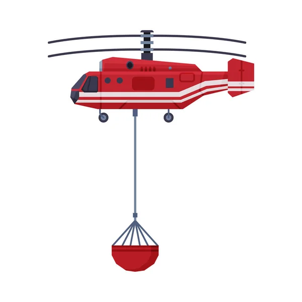 Feuerwehrhubschrauber trägt Eimer voll Wasser, Einsatzfahrzeug Flat Style Vector Illustration auf weißem Hintergrund — Stockvektor