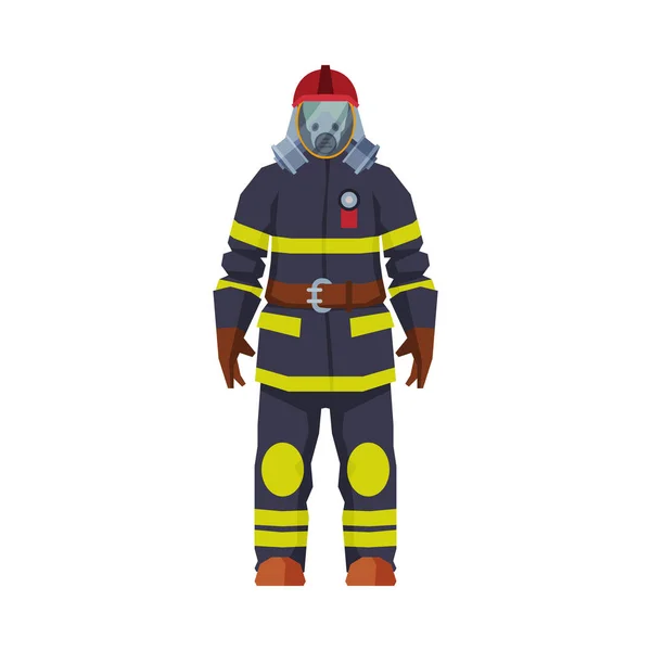 Bombero de rescate, personaje bombero en máscara de oxígeno y negro uniforme estilo plano Vector Ilustración sobre fondo blanco — Vector de stock