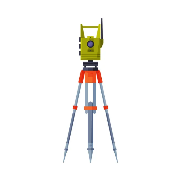 Theodolite on Tripod, Geodetic Equipment, Measuring Instrument Flat Style Vector Illustration on White Background — Stock Vector