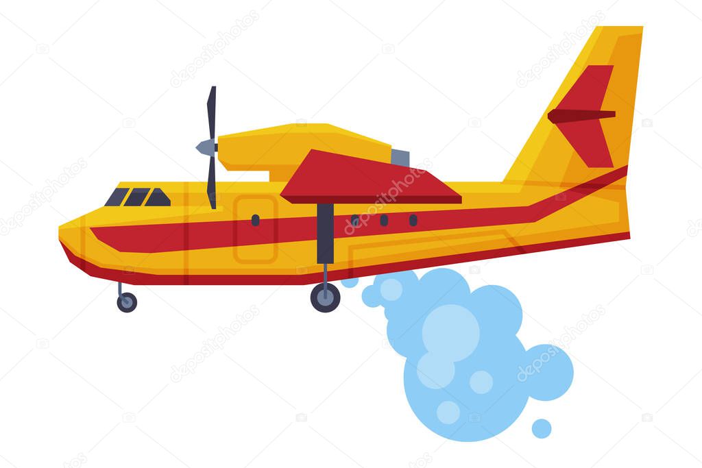 Retro Firefighting Aircraft Dropping Water, Emergency Service Rescue Vehicle Flat Style Vector Illustration on White Background