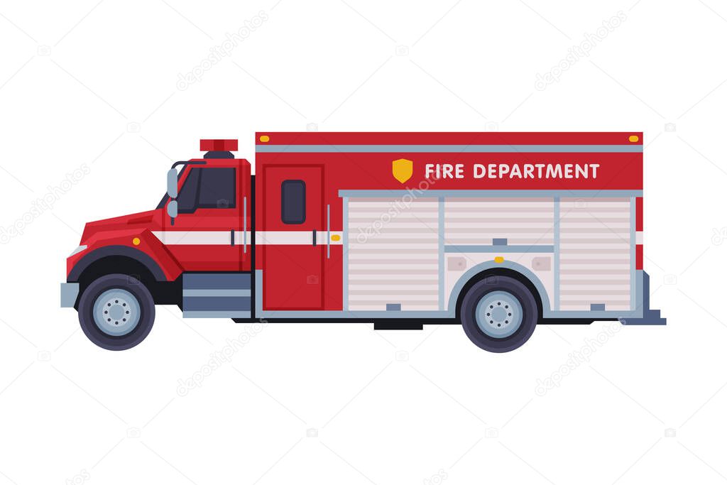 Red Engine Fire Truck, Emergency Service Firefighting Vehicle Flat Style Vector Illustration on White Background