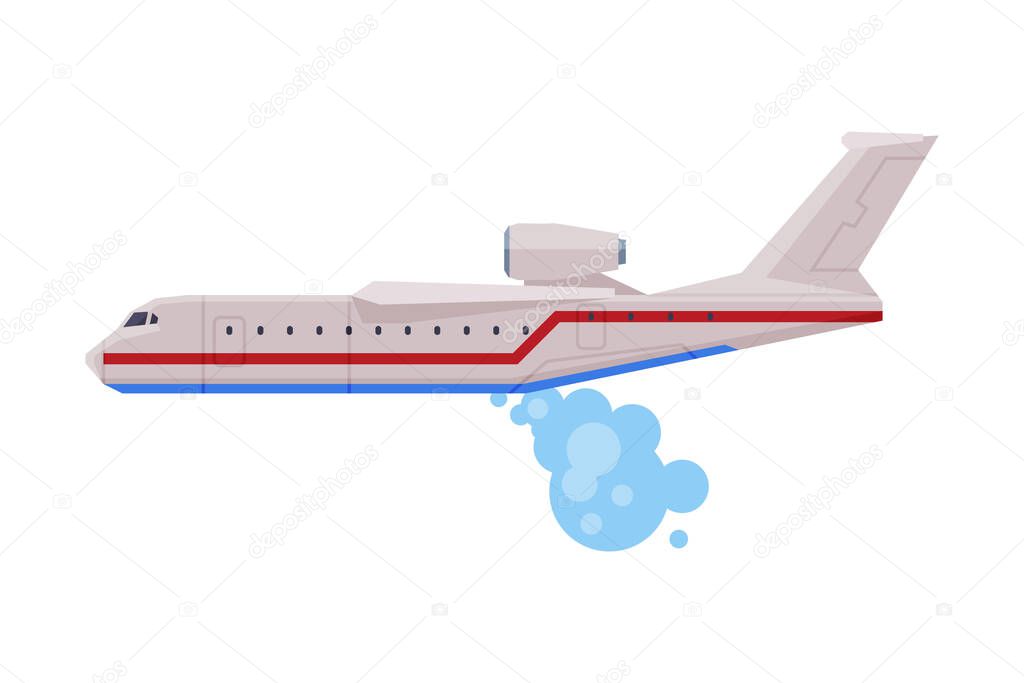 Firefighting Airplane Dropping Water, Emergency Service Rescue Vehicle Flat Style Vector Illustration on White Background