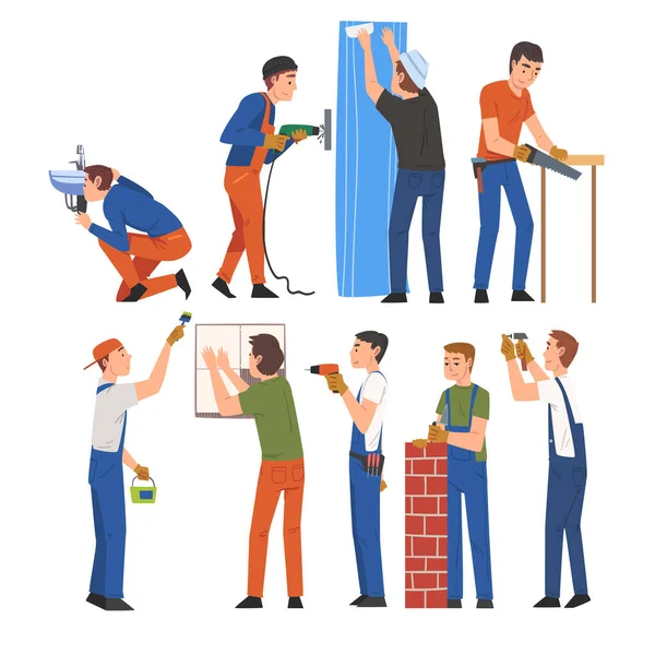 Trabalhadores da construção do sexo masculino fazendo renovação em casa com equipamento profissional conjunto ilustração vetorial em fundo branco —  Vetores de Stock