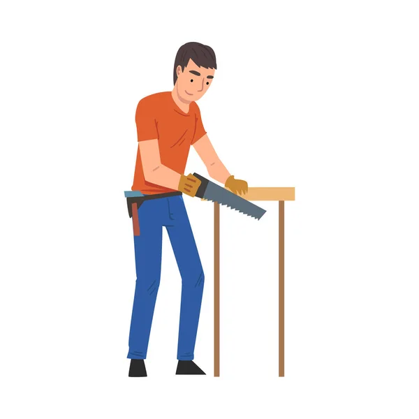 Hombre cortando tablón de madera usando sierra, renovación casera, carácter masculino del trabajador de la construcción con la ilustración profesional del vector del equipo — Vector de stock