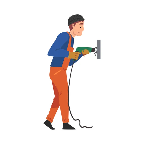 Mur de forage homme avec perceuse, rénovation domiciliaire, personnage de travailleur de la construction masculin avec illustration vectorielle d'équipement professionnel — Image vectorielle