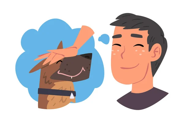 Mladý muž snění o psa, lidské myšlenky a potřeby karikatury styl vektorové ilustrace na bílém pozadí — Stockový vektor