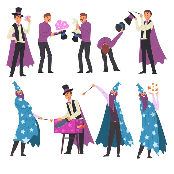 Magiërs Doen trucs Set, Illusionist en Wizard Karakters uitvoeren op Magic Show Cartoon Style Vector Illustratie — Stockvector