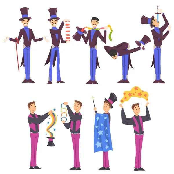 Magicians Doing Tricks Set, Мужские иллюзионистские персонажи, выступающие в Magic Show Cartoon Style Vector Illustration на белом фоне — стоковый вектор