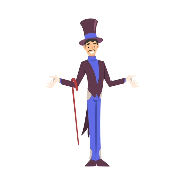 Mago de pie con bastón, personaje ilusionista en frac y sombrero superior que actúa en la ilustración vectorial de estilo de dibujos animados Magic Show — Archivo Imágenes Vectoriales