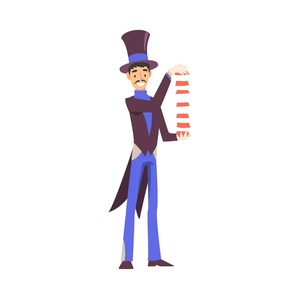 Mago haciendo trucos con naipes, personaje ilusionista en frac y sombrero superior actuando en la ilustración vectorial del estilo de dibujos animados del espectáculo mágico — Archivo Imágenes Vectoriales