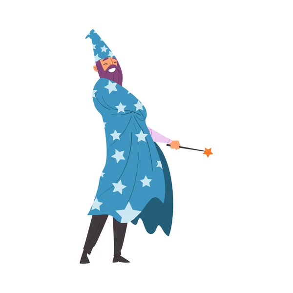 Magician Doing Tricks with Magic Wand, Wizard Character Wearing Cape with Stars and Cone Hat Performing at Magic Show Cartoon Style Vector Illustration — Stock Vector