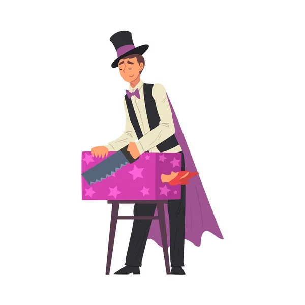 Magician Sawing Woman, Illusionist Character in Cape Performing at Magic Show Cartoon Style Vector Illustration — Stock Vector