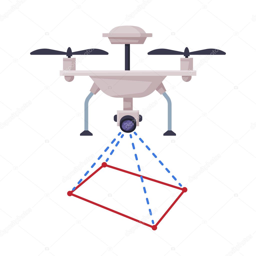 Drone Guadrocopter Geodetic Survey Engineering Device Flat Style Vector Illustration on White Background