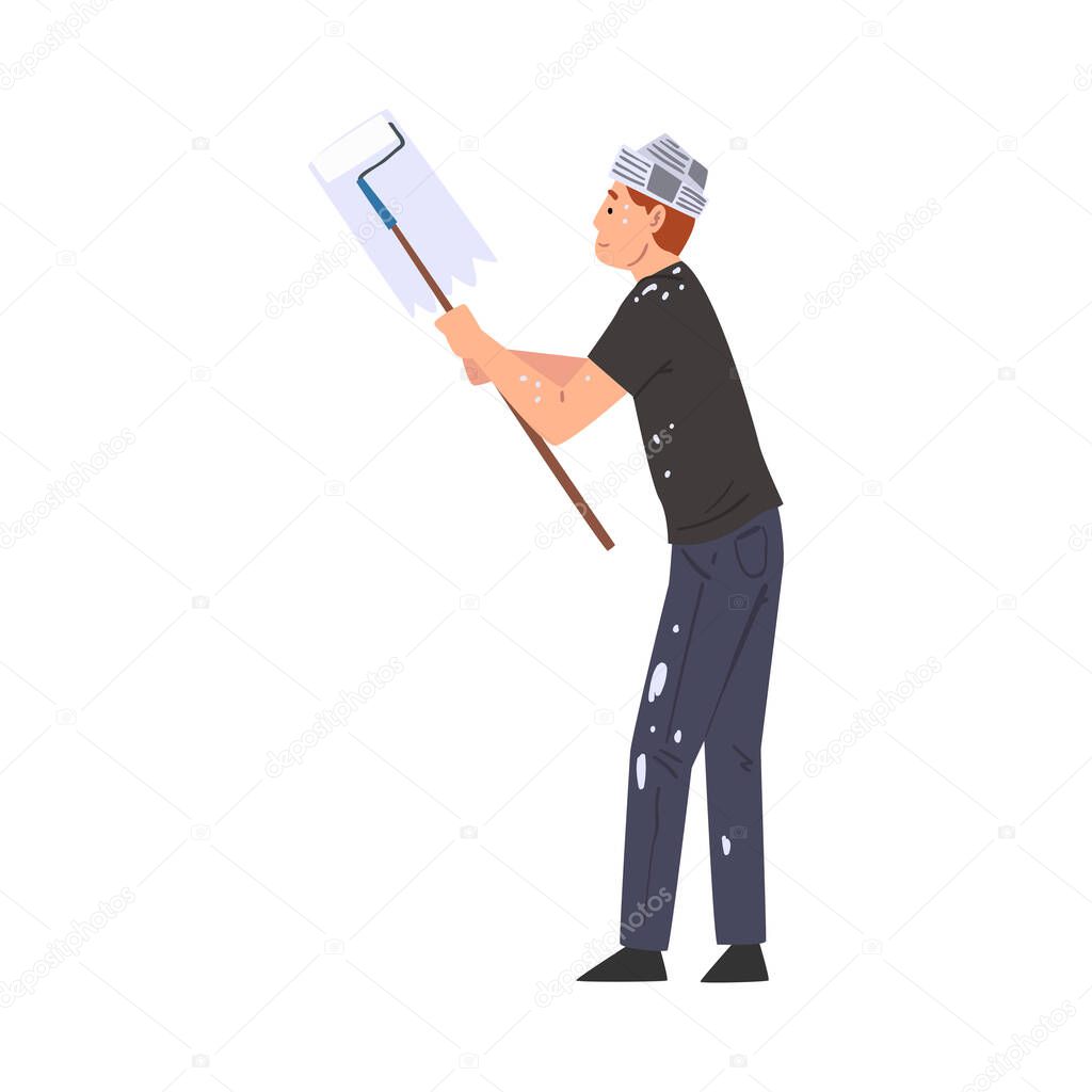 Painter Painting Wall with Roller, Home Renovation, Male Construction Worker Character in Paper Cap with Professional Equipment Vector Illustration on White Background
