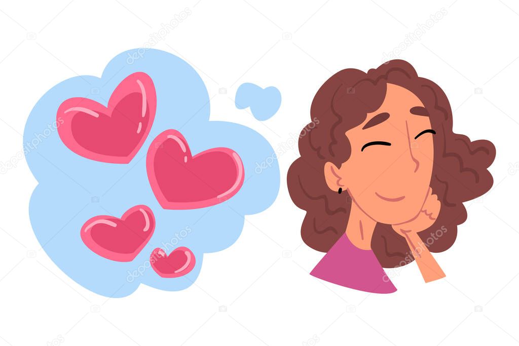 Young Woman Dreaming about Love, Loneliness and Need of Love Cartoon Style Vector Illustration on White Background