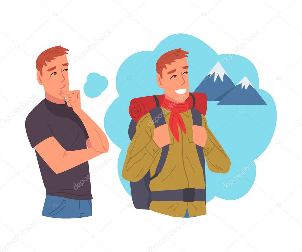 Young Man Dreaming about Hiking, Human Thoughts and Needs Cartoon Style Vector Illustration on White Background