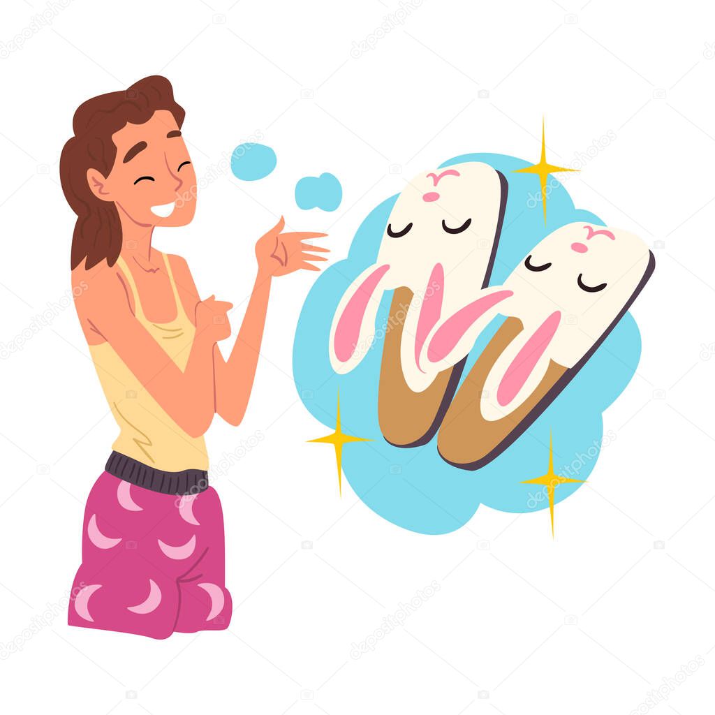 Young Woman Dreaming about Bunny Slippers, Human Thoughts and Needs Cartoon Style Vector Illustration on White Background