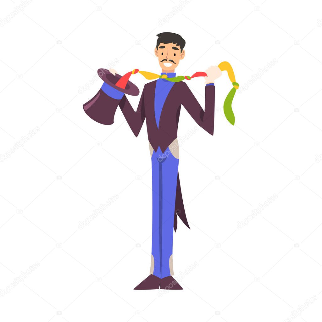 Magician Doing Tricks with Handkerchief, Illusionist Character in Tailcoat and Top Hat Performing at Magic Show Cartoon Style Vector Illustration