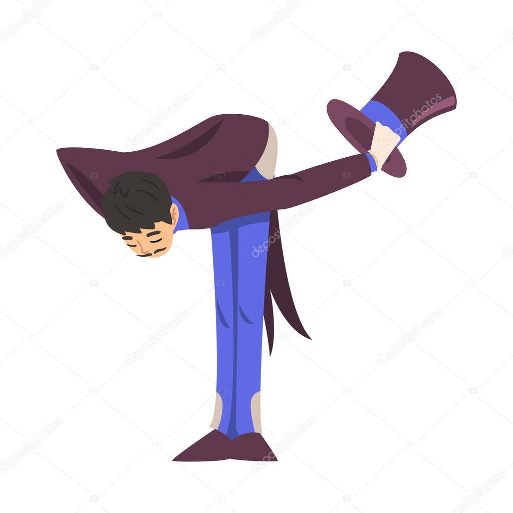 Magician Bowing to Spectators, Illusionist Character in Tailcoat and Top Hat Performing at Magic Show Cartoon Style Vector Illustration