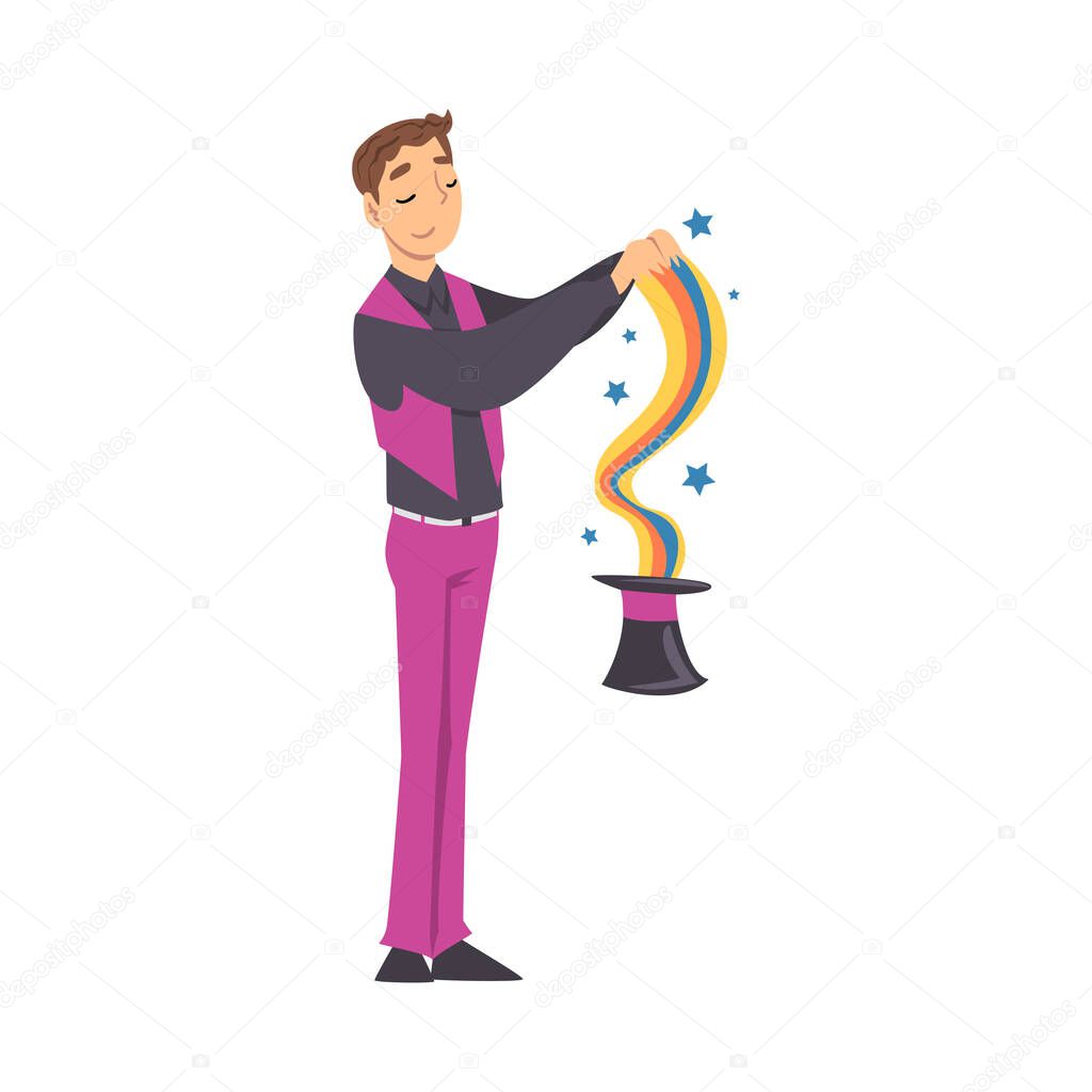 Magician Doing Tricks with Top Hat, Illusionist Character Performing at Magic Show Cartoon Style Vector Illustration