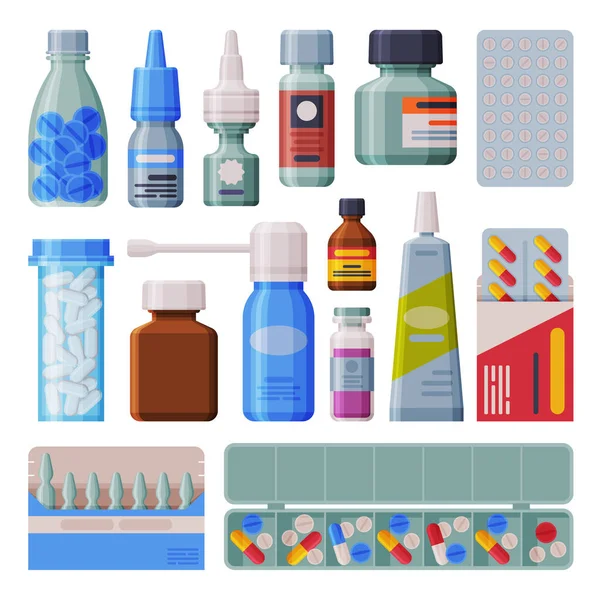 Botellas de Medicina y Blister con Conjunto de Cápsulas, Productos Farmacéuticos, Receta Médica Embalaje Estilo Plano Vector Ilustración — Archivo Imágenes Vectoriales