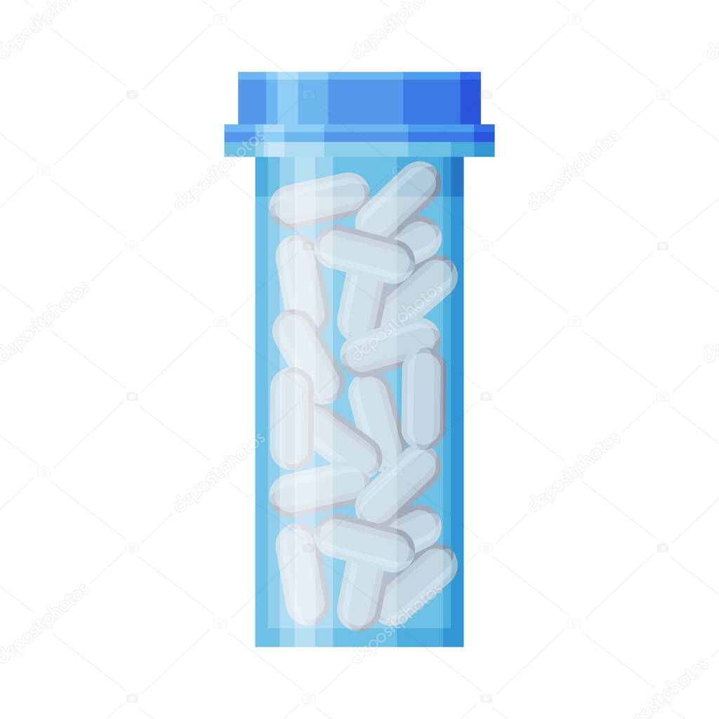 Medicine Bottle with Pills, Pharmaceutical Product, Medical Prescription Packaging Flat Style Vector Illustration on White Background