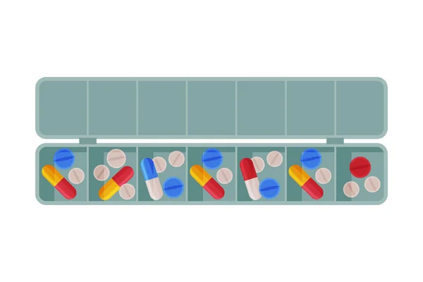 Organizador de caixa de pílula diária, pílulas e cápsulas em plástico recipiente de estilo plano ilustração vetorial em fundo branco — Vetor de Stock