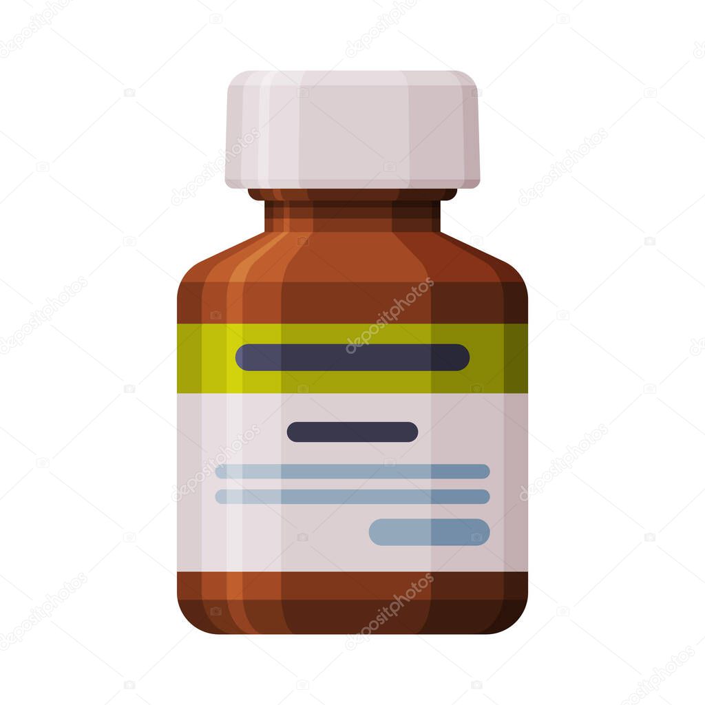 Glass Medicine Bottle, Pharmaceutical Product, Medical Prescription Packaging Flat Style Vector Illustration on White Background